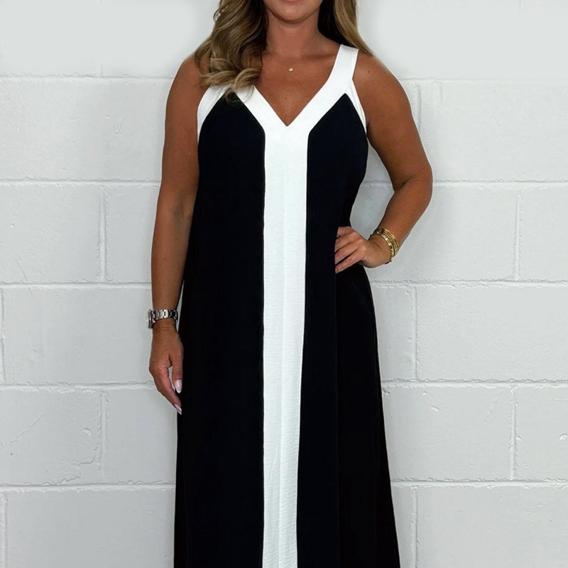 🔥Robe longue sans manches à col en V avec blocs de couleur pour femmes