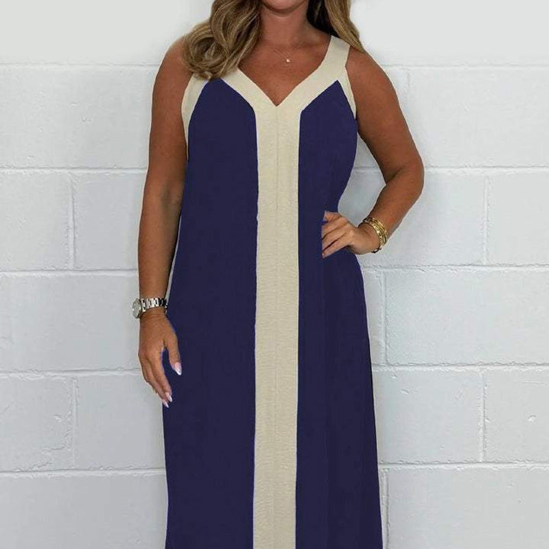 🔥Robe longue sans manches à col en V avec blocs de couleur pour femmes