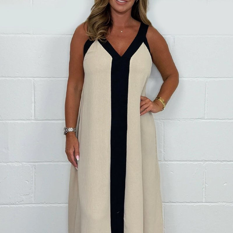 🔥Robe longue sans manches à col en V avec blocs de couleur pour femmes