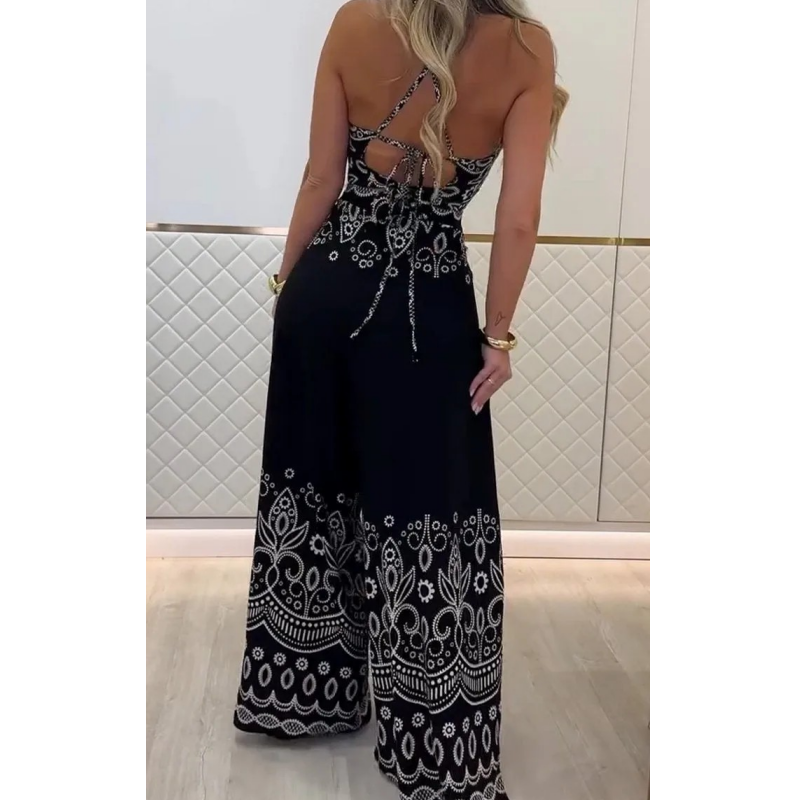 Ensemble femme vintage à motifs ethniques, haut sans manches à dos nu et pantalon large