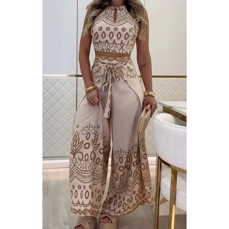 Ensemble femme vintage à motifs ethniques, haut sans manches à dos nu et pantalon large