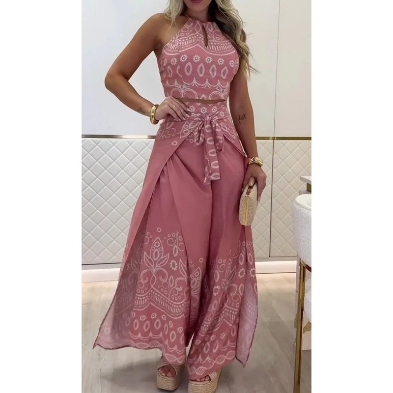 Ensemble femme vintage à motifs ethniques, haut sans manches à dos nu et pantalon large