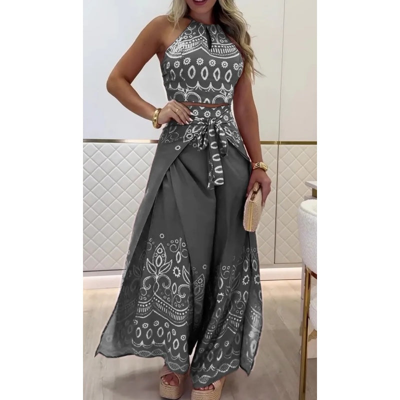 Ensemble femme vintage à motifs ethniques, haut sans manches à dos nu et pantalon large