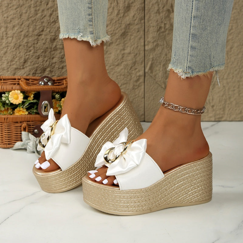 Pantoufles à semelles compensées en cuir PU avec nœud papillon