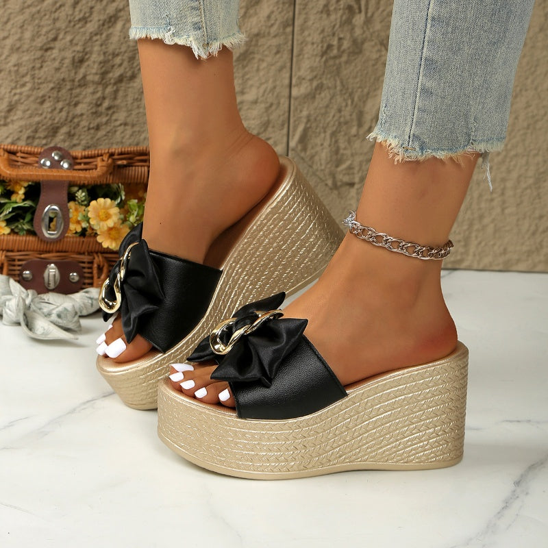 Pantoufles à semelles compensées en cuir PU avec nœud papillon