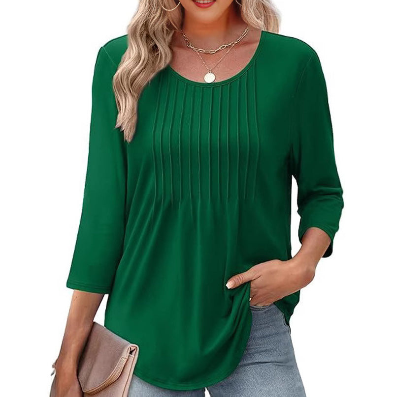 🌸50% de réduction💐T-shirt fin à col rond et à volants, coupe ample