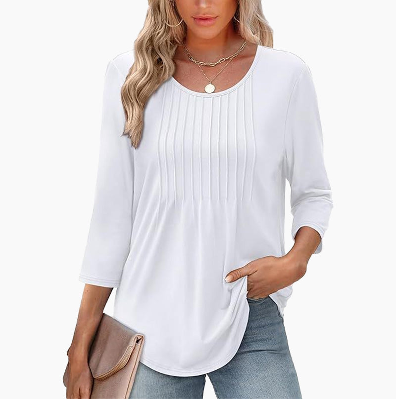 🌸50% de réduction💐T-shirt fin à col rond et à volants, coupe ample