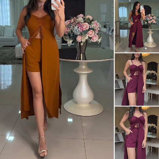 💥50% DE RÉDUCTION 💥Ensemble deux pièces à bretelles spaghetti et short de couleur unie pour femmes