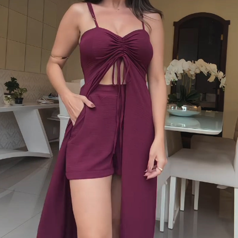 💥50% DE RÉDUCTION 💥Ensemble deux pièces à bretelles spaghetti et short de couleur unie pour femmes