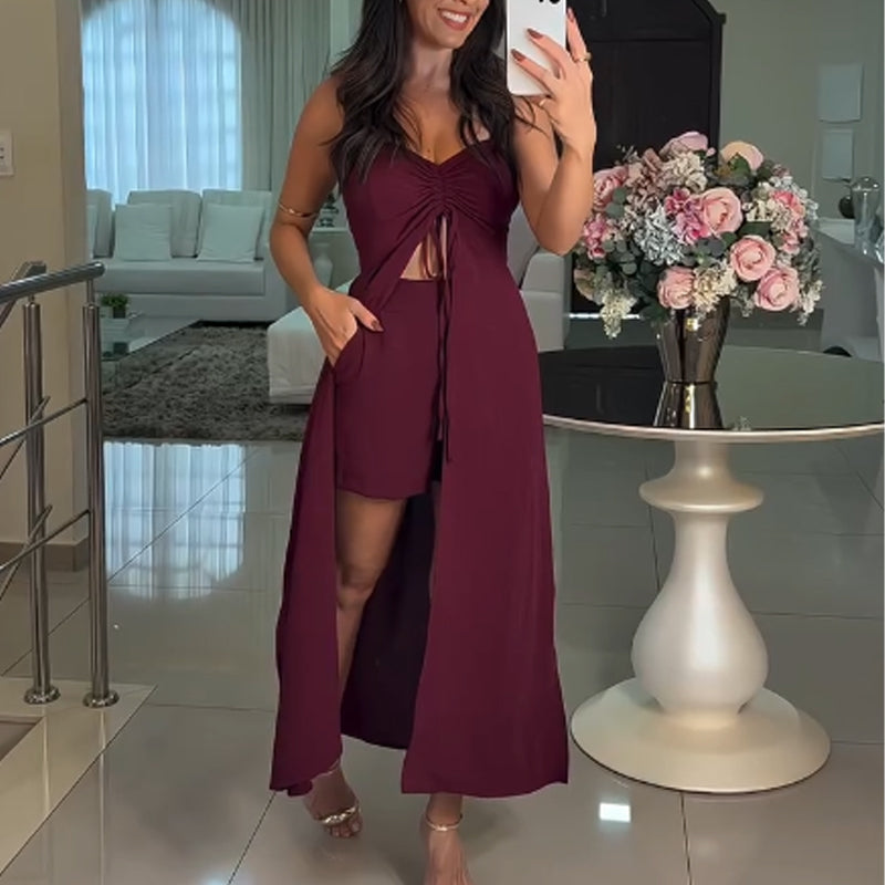 💥50% DE RÉDUCTION 💥Ensemble deux pièces à bretelles spaghetti et short de couleur unie pour femmes