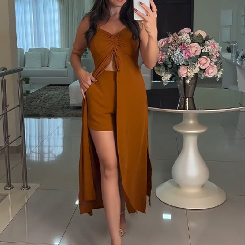 💥50% DE RÉDUCTION 💥Ensemble deux pièces à bretelles spaghetti et short de couleur unie pour femmes