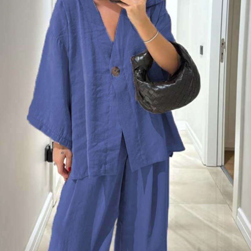 Haut à col en V et pantalon large pour femme Ensemble 2 pièces de couleur unie