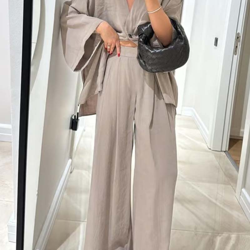 Haut à col en V et pantalon large pour femme Ensemble 2 pièces de couleur unie