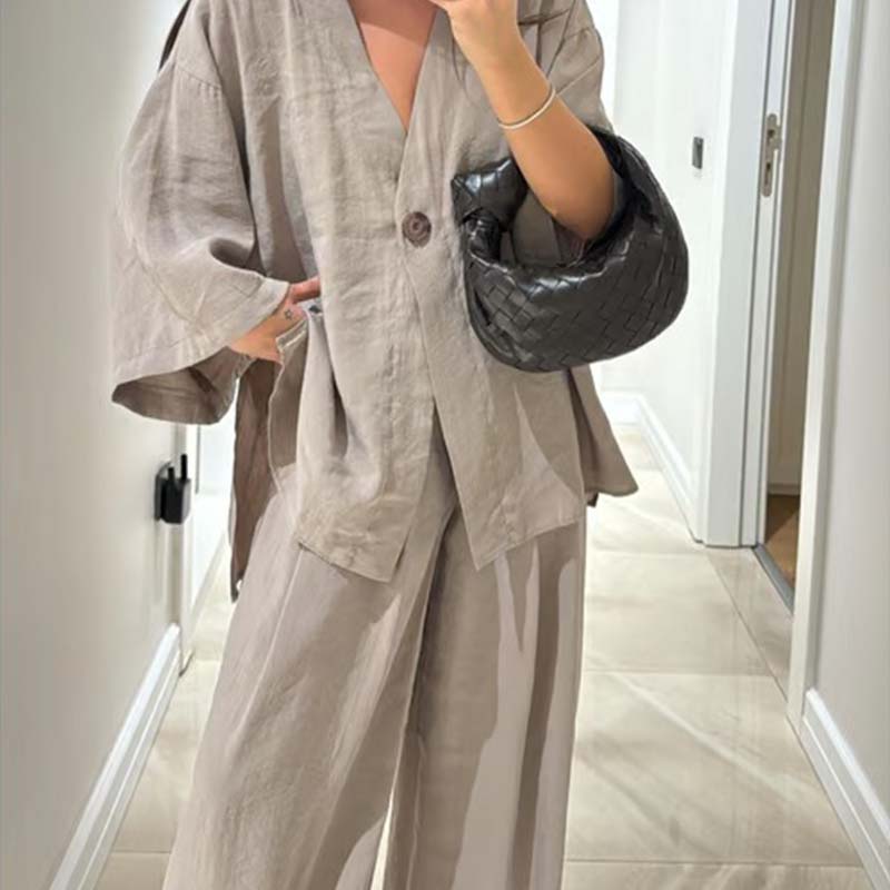 Haut à col en V et pantalon large pour femme Ensemble 2 pièces de couleur unie