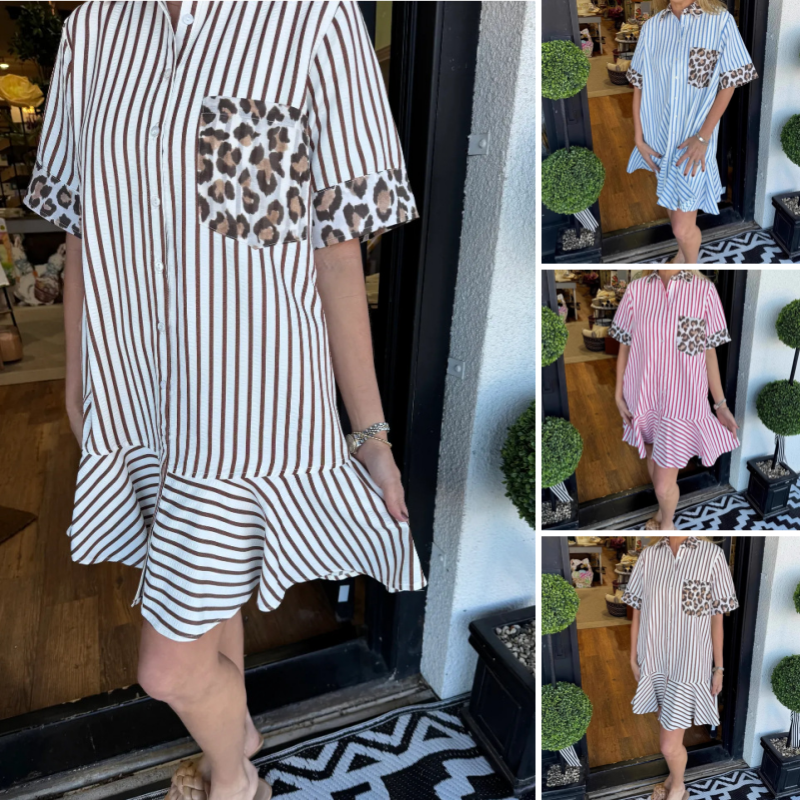 Leopard Print Fashion Stripe Patchwork Shirt Dress