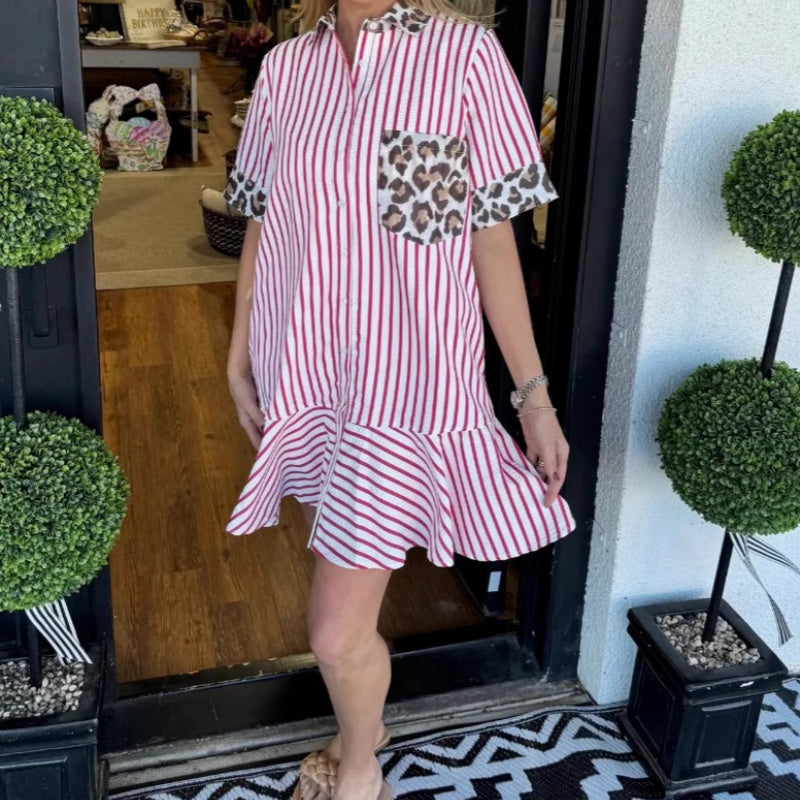 Leopard Print Fashion Stripe Patchwork Shirt Dress