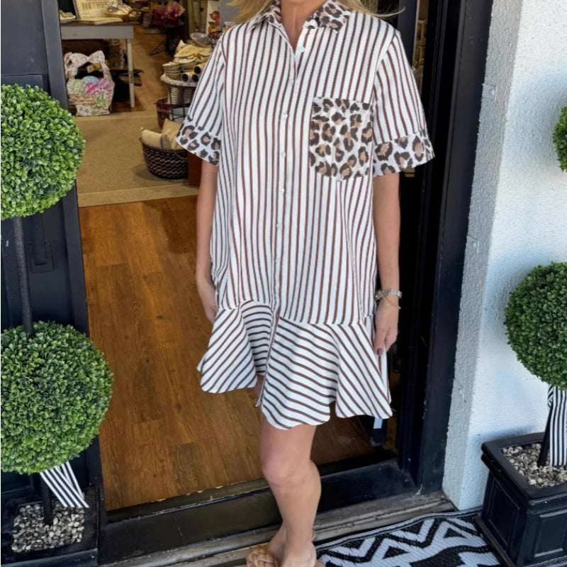 Leopard Print Fashion Stripe Patchwork Shirt Dress