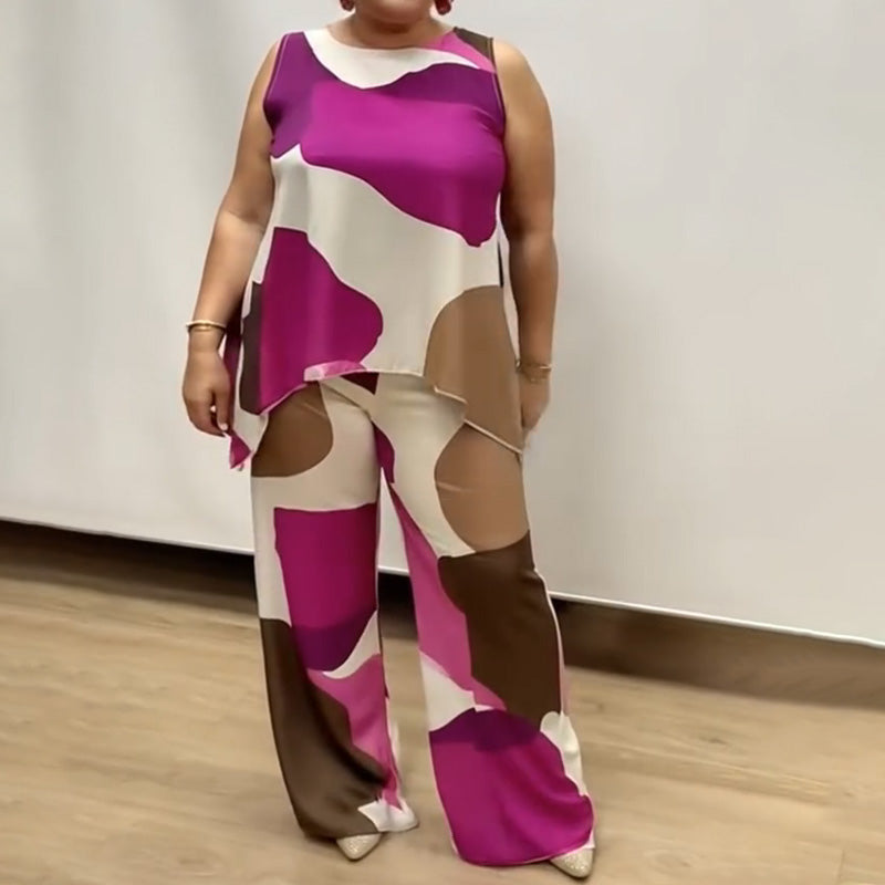 costume deux pièces imprimé décontracté sans manches à col rond pour femmes