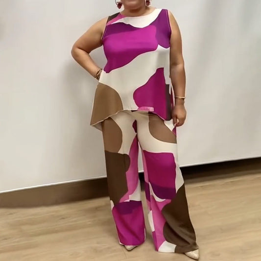 costume deux pièces imprimé décontracté sans manches à col rond pour femmes