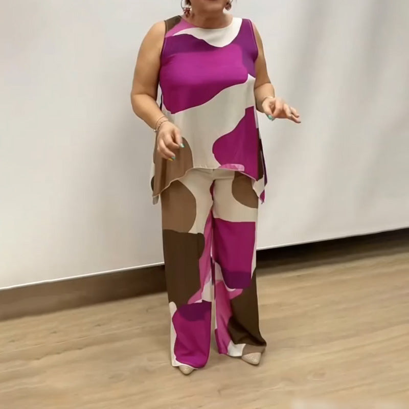 costume deux pièces imprimé décontracté sans manches à col rond pour femmes