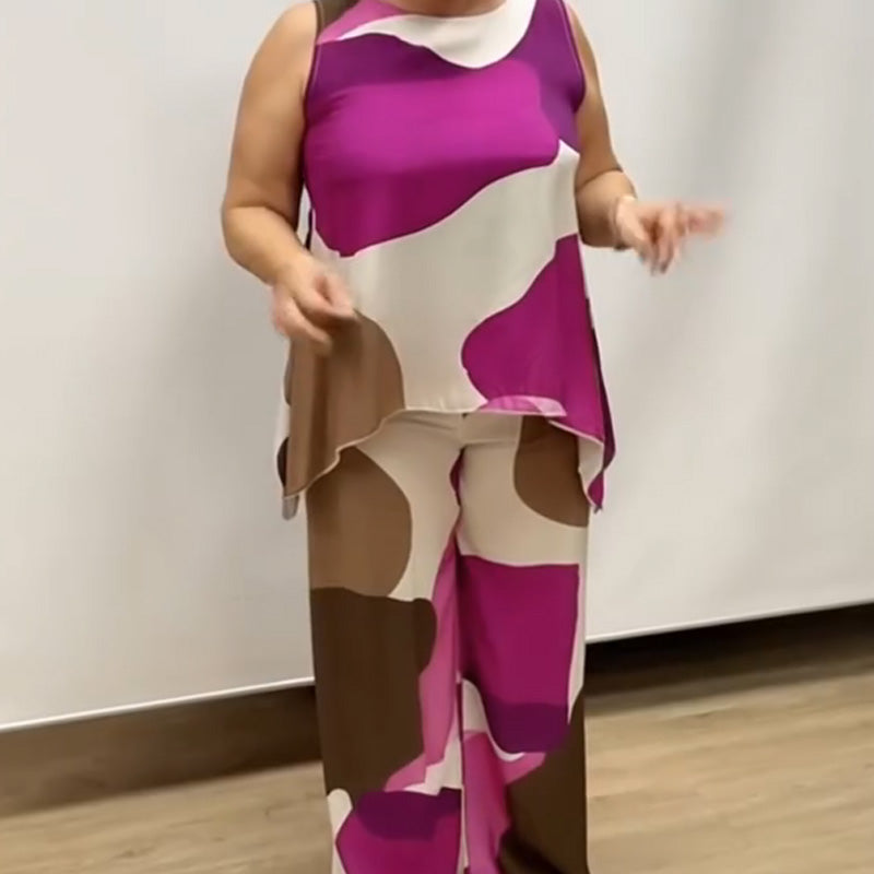 costume deux pièces imprimé décontracté sans manches à col rond pour femmes