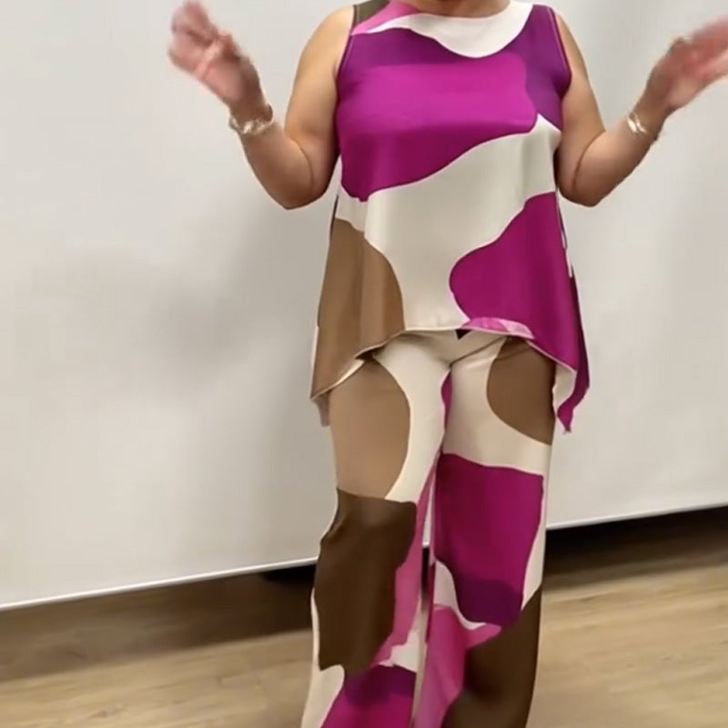 costume deux pièces imprimé décontracté sans manches à col rond pour femmes