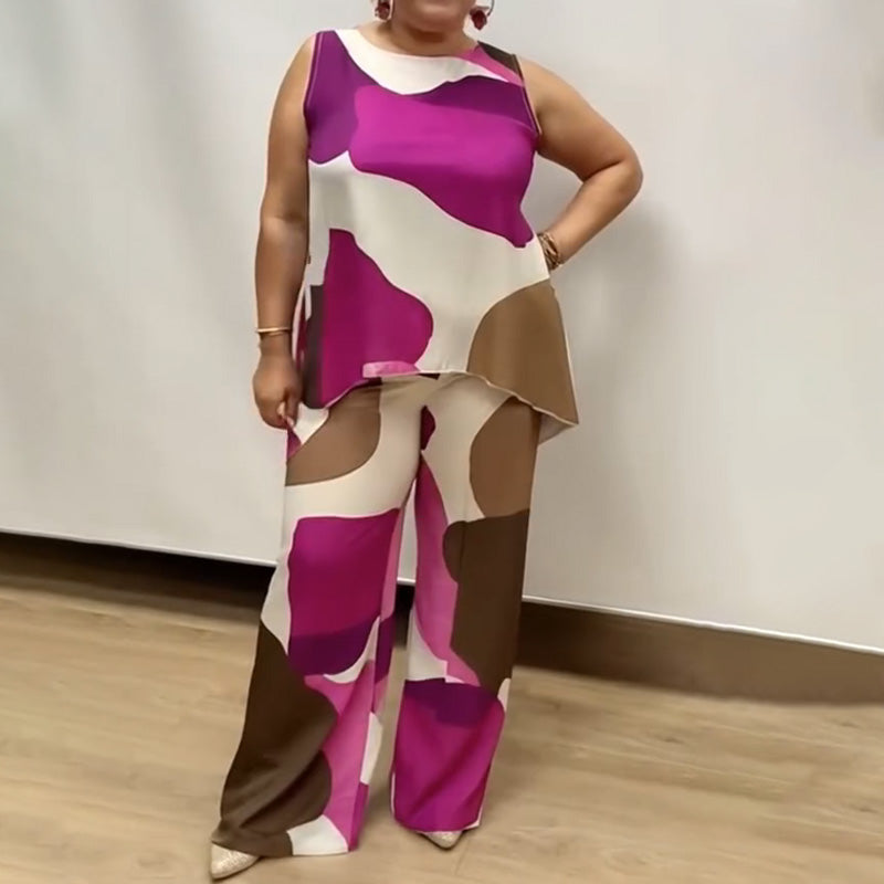 costume deux pièces imprimé décontracté sans manches à col rond pour femmes
