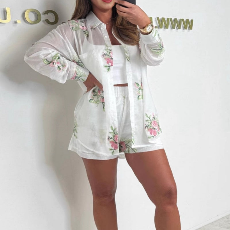Ensemble short-chemise brodé léger et respirant pour femmes