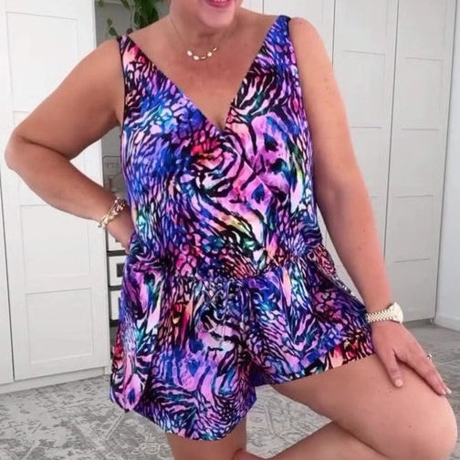 Maillot de bain sans manches à col en V imprimé