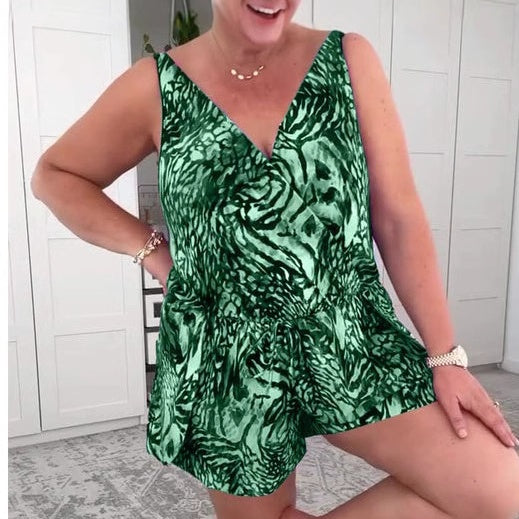 Maillot de bain sans manches à col en V imprimé