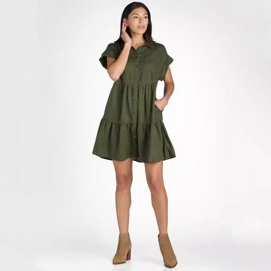 Robe plissée boutonnée pour femme avec revers et manches courtes