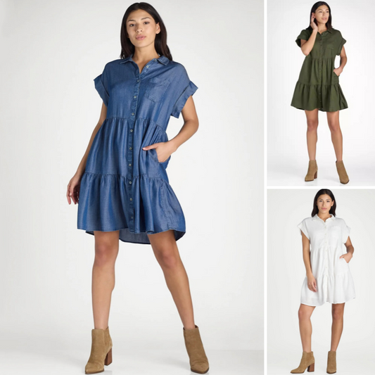 Robe plissée boutonnée pour femme avec revers et manches courtes