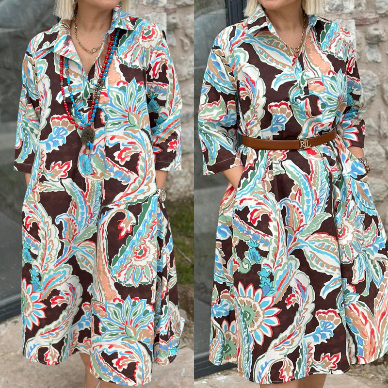 Robe colorée à manches 3/4 avec imprimé floral vintage et poches