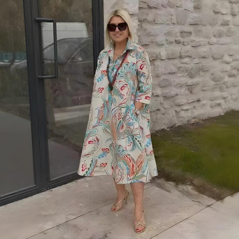 Robe colorée à manches 3/4 avec imprimé floral vintage et poches