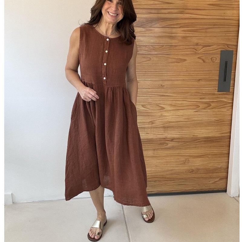 Couleur unie Col rond Robe sans manches à boutons