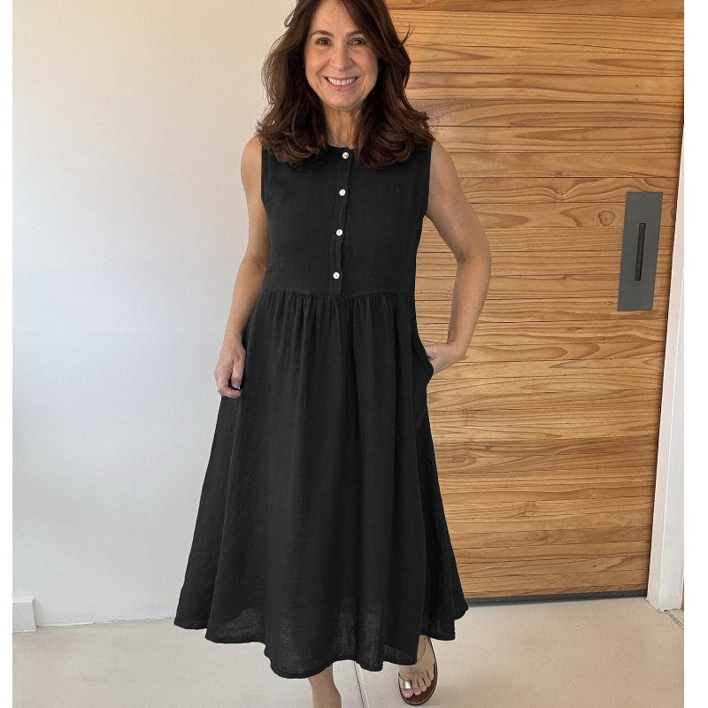 Couleur unie Col rond Robe sans manches à boutons