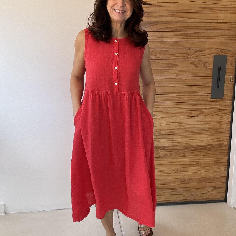 Couleur unie Col rond Robe sans manches à boutons