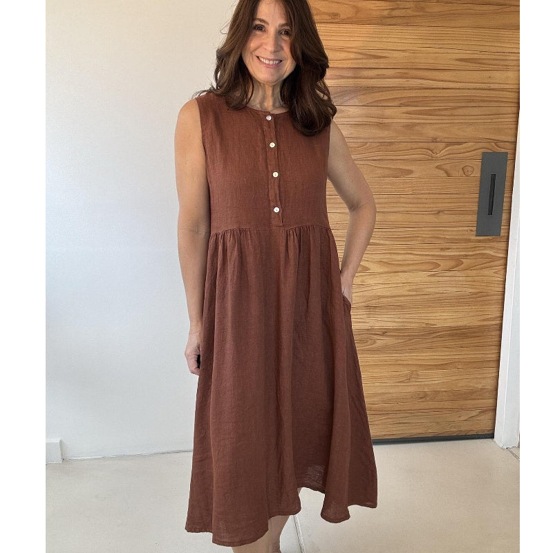 Couleur unie Col rond Robe sans manches à boutons