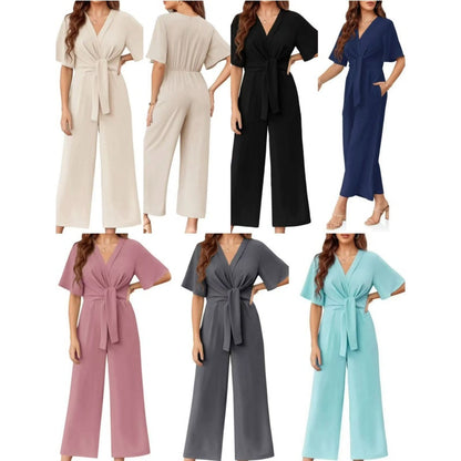 Combinaison élégante à col en V et à taille large pour femmes
