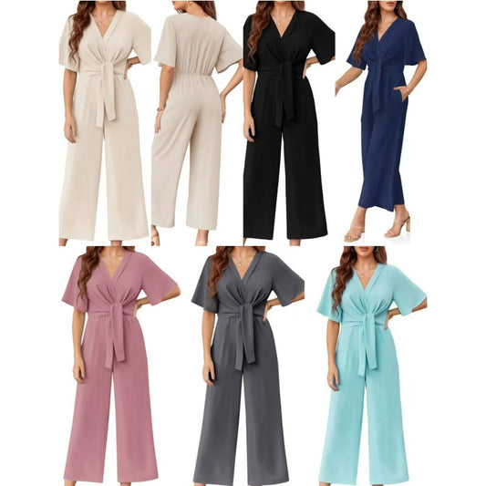 Combinaison élégante à col en V et à taille large pour femmes