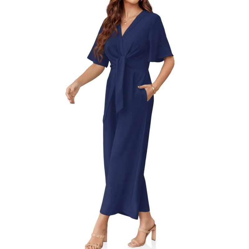 Combinaison élégante à col en V et à taille large pour femmes
