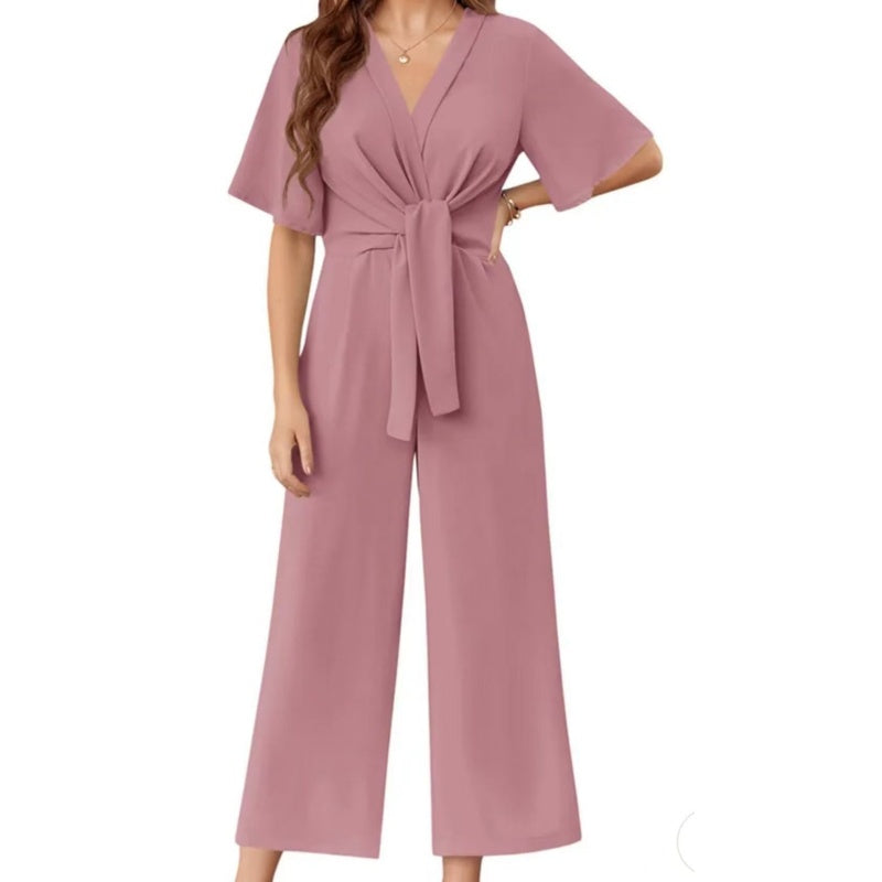 Combinaison élégante à col en V et à taille large pour femmes