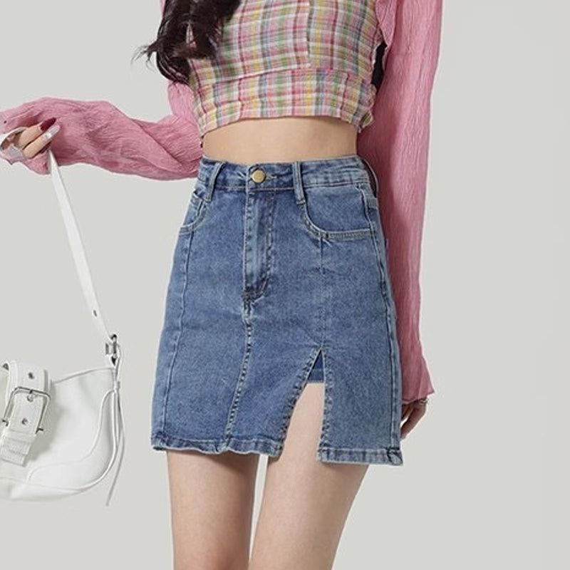 🥳SOLDES 2026🥳💕Jupes courtes en jean à taille haute et fente pour femme