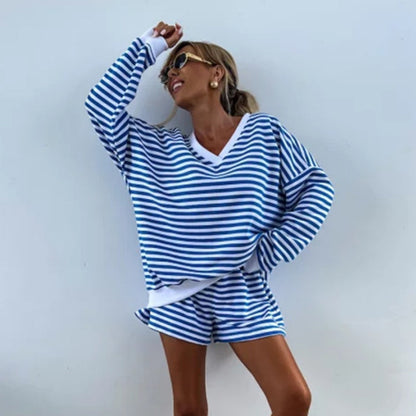Ensemble 2 pièces décontracté à col en V et manches longues pour femmes et short à taille élastique