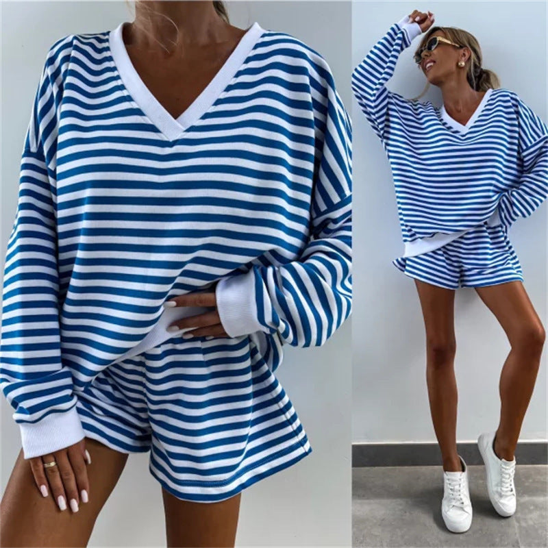 Ensemble 2 pièces décontracté à col en V et manches longues pour femmes et short à taille élastique