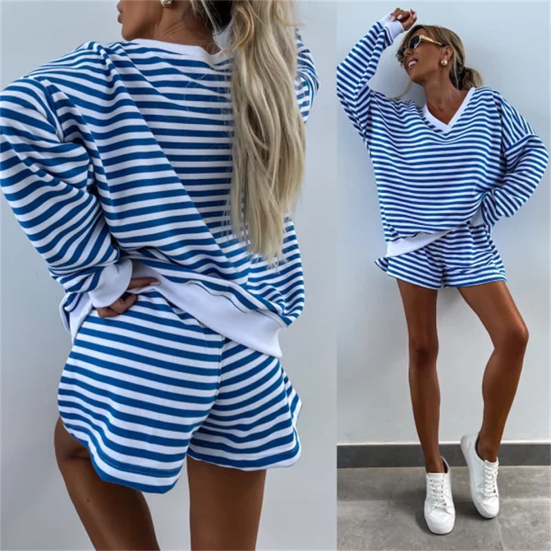 Ensemble 2 pièces décontracté à col en V et manches longues pour femmes et short à taille élastique