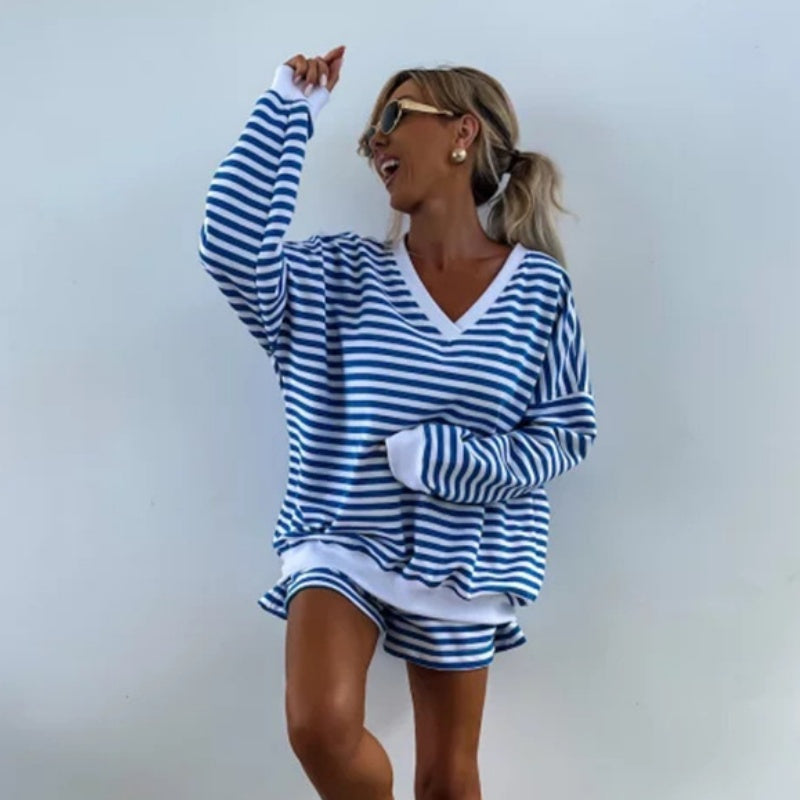 Ensemble 2 pièces décontracté à col en V et manches longues pour femmes et short à taille élastique