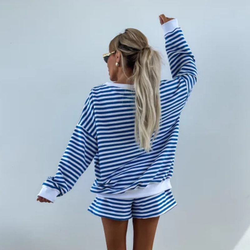 Ensemble 2 pièces décontracté à col en V et manches longues pour femmes et short à taille élastique