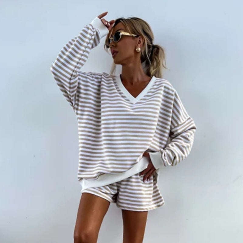 Ensemble 2 pièces décontracté à col en V et manches longues pour femmes et short à taille élastique