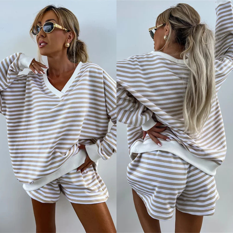 Ensemble 2 pièces décontracté à col en V et manches longues pour femmes et short à taille élastique